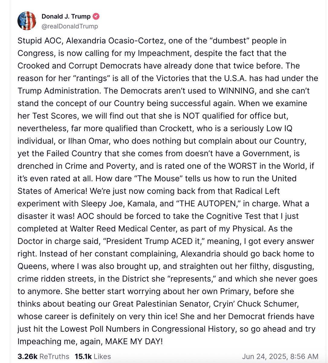 Trump demeans three women of color members of Congress as "stupid," disses Chuck Schumer as a "Palestinian," and calls Queens "filthy, disgusting, crime ridden"