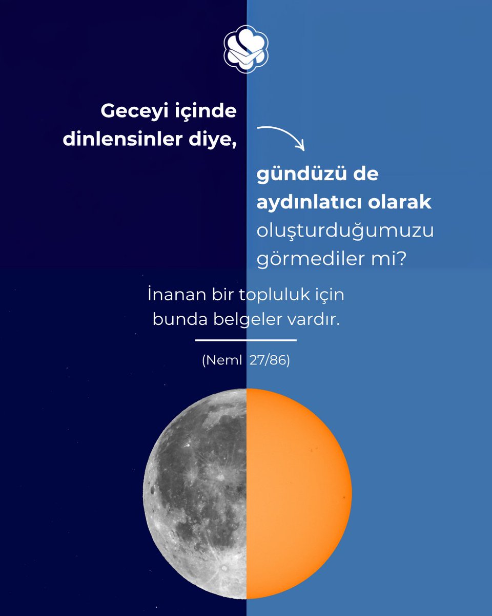 ✒Geceyi içinde dinlensinler diye, gündüzü de aydınlatıcı olarak oluşturduğumuzu görmediler mi? İnanan bir topluluk için bunda belgeler vardır. (Neml 27/86)