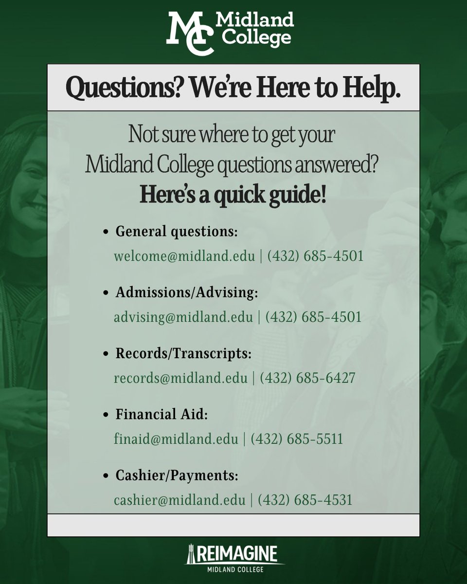 Not able to make the Future Chaps Fair from 2-6 p.m. today? No biggie. You can still get your questions answered! All the info you need is right here.

Just curious for now? midland.edu is a good place to start 💚