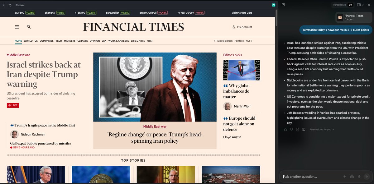 Now when I'm on the FT site, I can just chat with this tab directly in Dia.