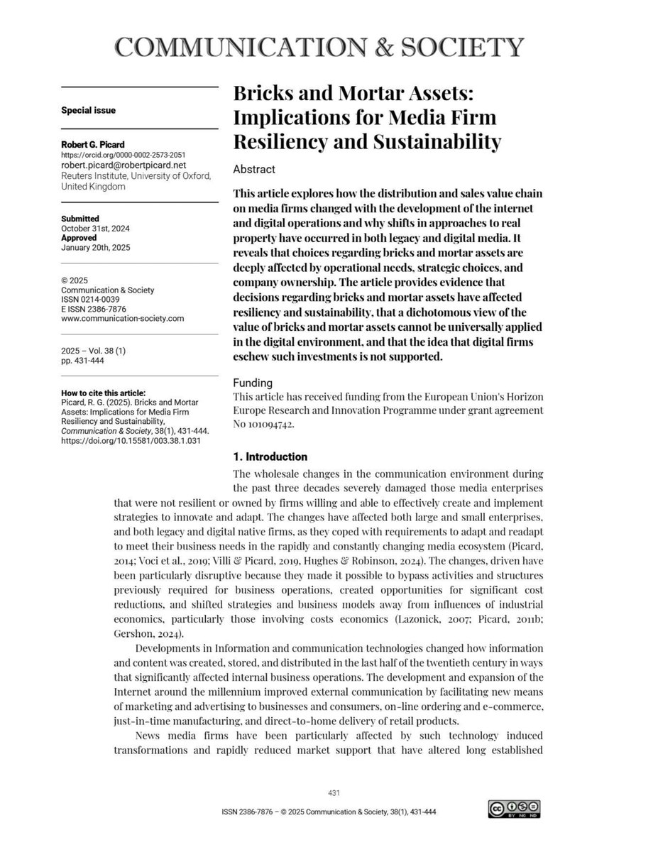 JournalCommSoc's tweet image. 📄“Bricks and Mortar Assets: Implications for Media Firm Resiliency and Sustainability” by Robert-G. Picard
doi.org/10.15581/003.3…
#OpenAccess #Communication #Academic #Ownership #Media #Sustainability #Resiliency