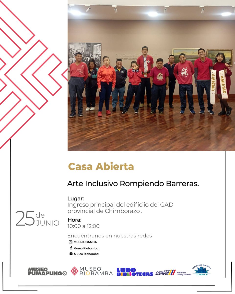 ¡Vive el poder del arte!
Te invitamos a ser parte de la Casa Abierta: Arte Inclusivo Rompiendo Barreras 
Un evento donde el talento, la inclusión y la amistad se hacen visibles y nos enseñan que el arte es para tod@s
GAD Provincial de Chimborazo
De 10h00h a 12h00h
#MuseoRiobamba