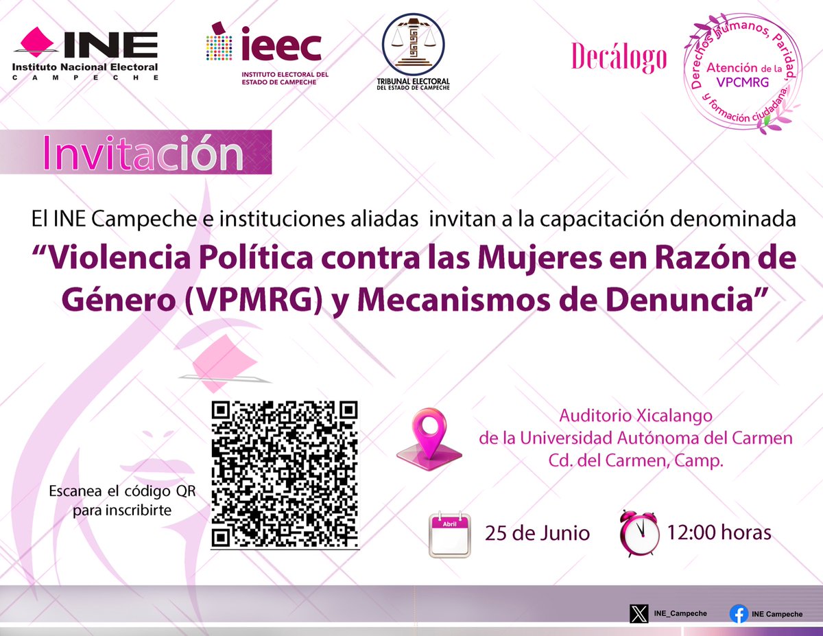 🗣 Mañana a las 12:00 hrs; sintoniza el curso “Violencia Política Contra las Mujeres en Razón de Género y Mecanismos de Denuncia”; invita el <a href="/INE_Campeche/">INE_Campeche</a> y las instituciones aliadas.

Inscríbete a través del siguiente enlace 👉 docs.google.com/forms/d/e/1FAI…

📲 #TransmisionEnVivo