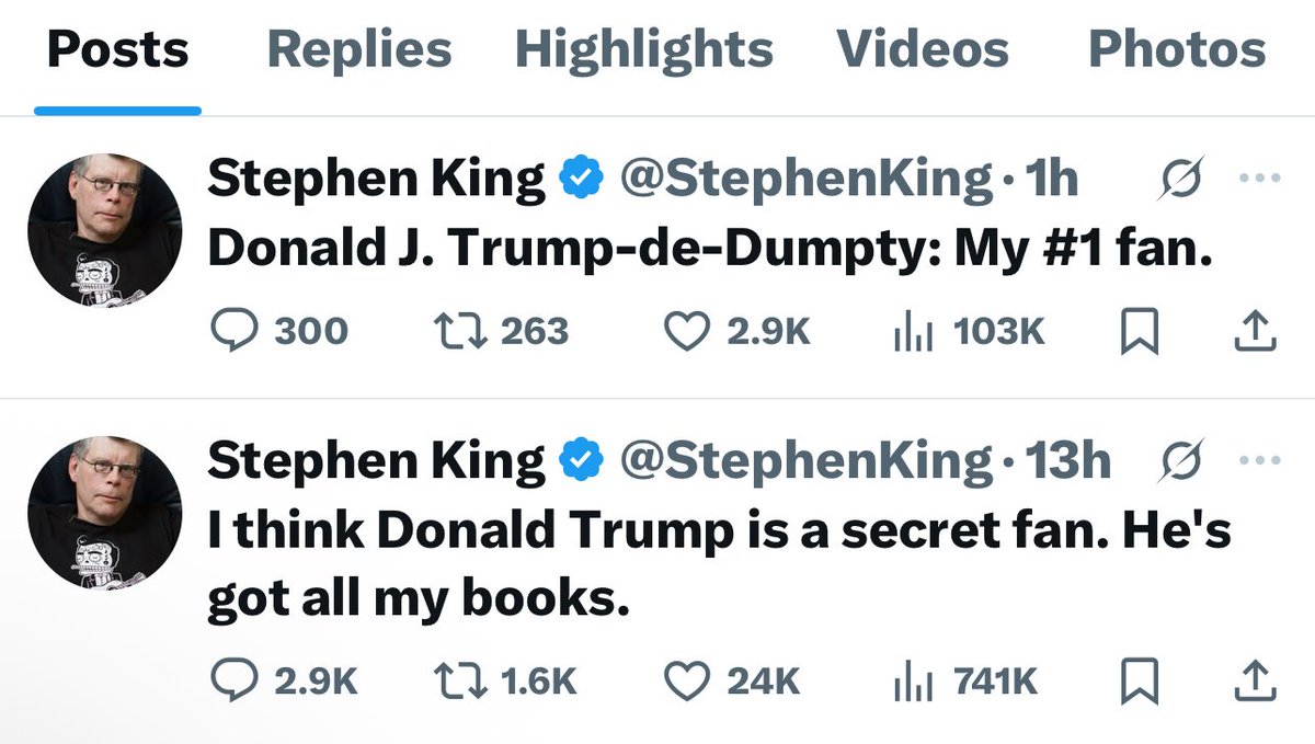 NJBeisner's tweet photo. The obvious and sad reality is of course that President Trump doesn’t think about Stephen at all. He doesn’t think about John Cusack or Robert DeNiro or Mark Ruffalo or any other impotent aging man who’s had their brain irreparably broken by him. But these men all think about Trump multiple times every day. They think about Trump more than I think about Trump—just like every other TDS head case on the planet. 

It’s really pathetic to be reduced to this in your last few years.