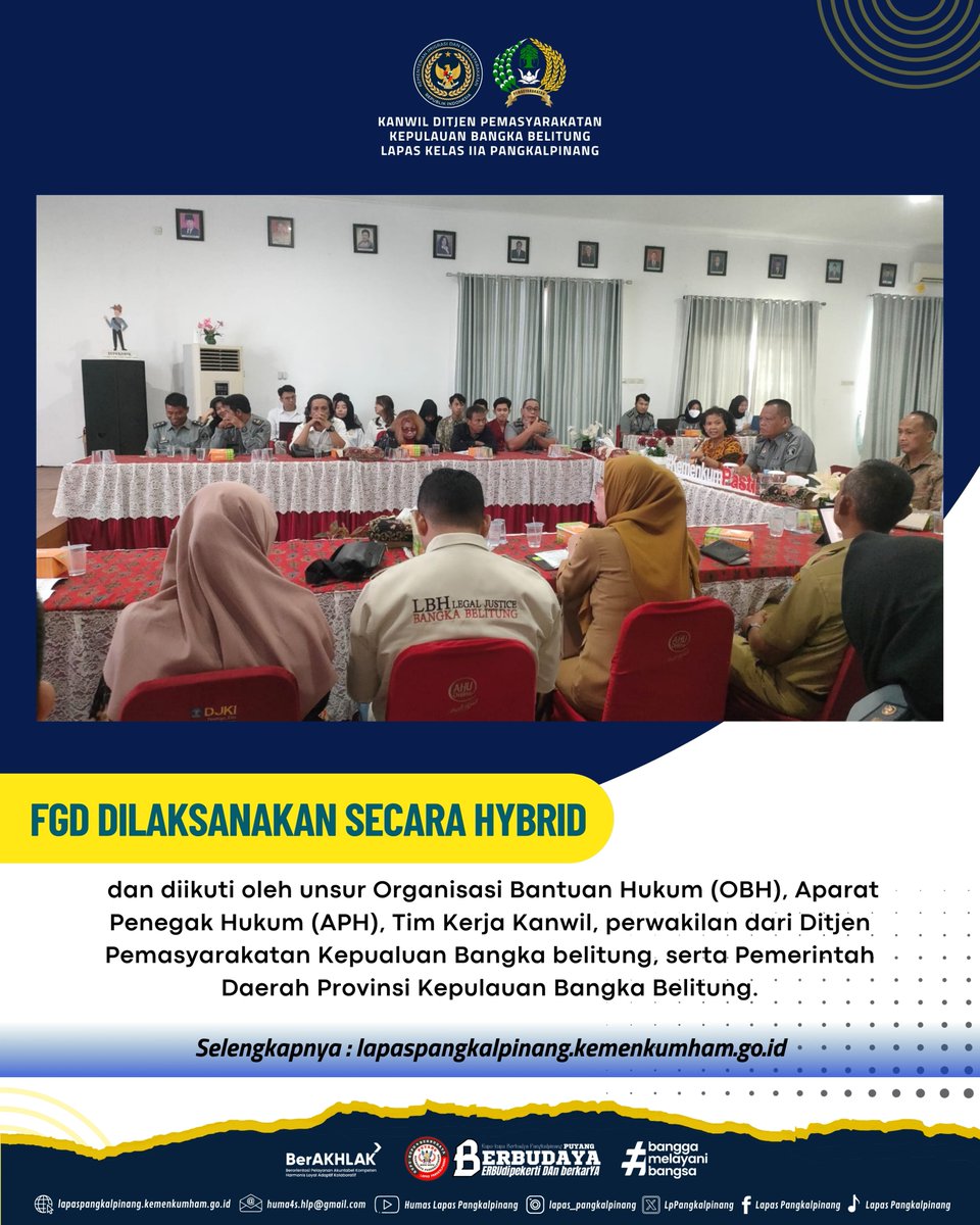 LpPangkalpinang's tweet photo. Lapas Pangkalpinang Hadiri FGD Evaluasi Implementasi Kebijakan Bantuan Hukum
selengkapnya: https://t.co/XKMRg0xayY

#kemenimipas
#guardandguide
#ditjenpas
#pemasyarakatanbabel
#kanwilditjenpasbabel
#hermansawiran
#LapasPangkalpinangBerbudaya
#SugengIndrawan https://t.co/7u0uZ8eEla
