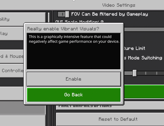 Minecraft REALLY Tries to warn you before letting you enable Vibrant Visuals on a PS4