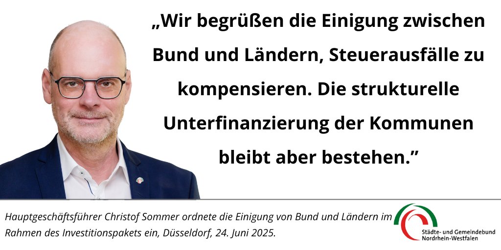 StGBNRW's tweet photo. Die Bundesregierung hat den Städten und Gemeinden zugesichert, dass durch das Investitionspaket verursachte Steuerausfälle vollständig ausgeglichen werden.
Hauptgeschäftsführer Christof Sommer ordnete die Einigung von Bund und Ländern ein.

Zum Statement: https://t.co/JjcivrUux4 https://t.co/4yilyNRO9U