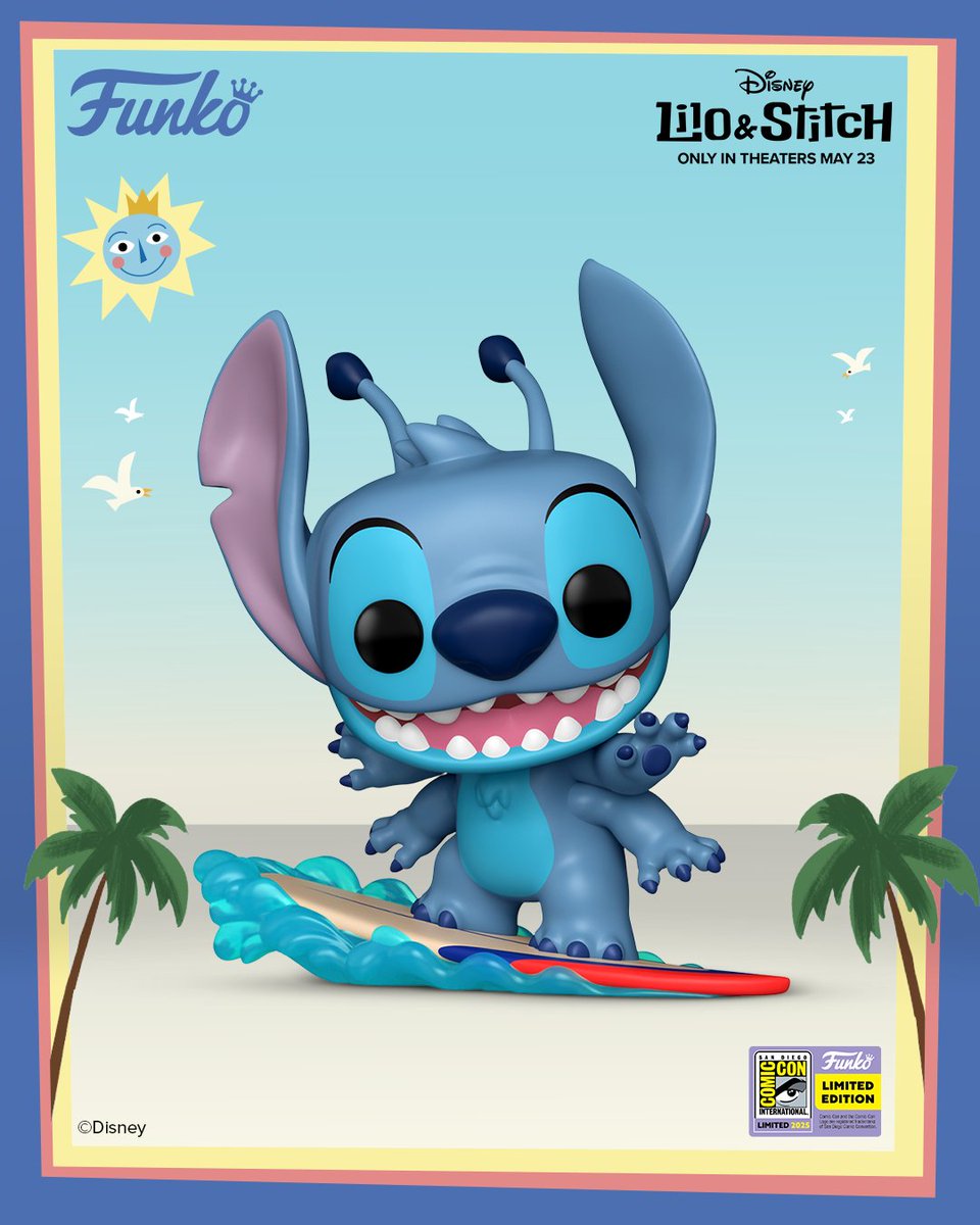 OriginalFunko's tweet image. Take it from POP! Stitch, space has nothing on these waves! 🌊 Hit the beach—and SDCC—with this exclusive POP! Stitch on Surfboard.  

#Funko #FunkoPOP #SDCC #Disney
