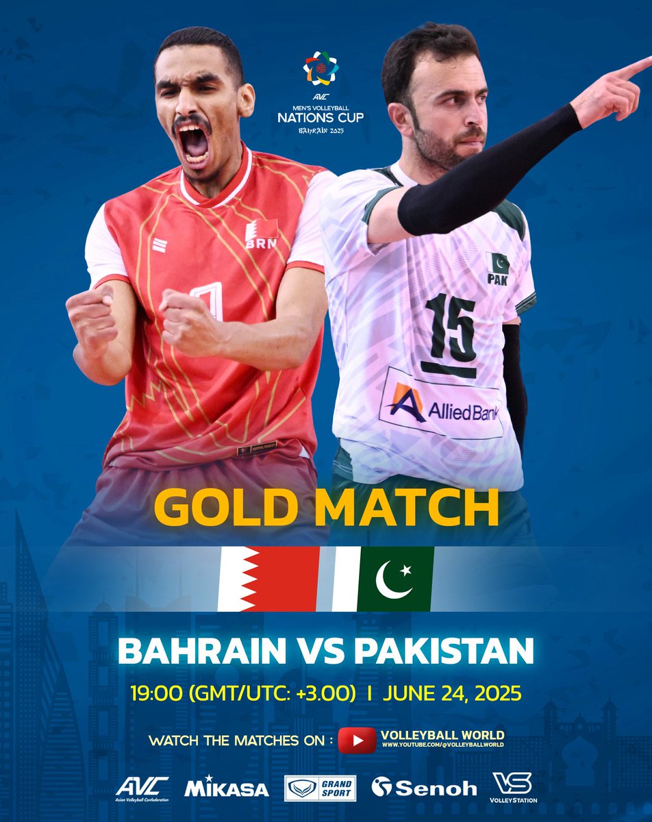 avcnationscup's tweet photo. Gold medal match alert! 🥇 Bahrain vs. Pakistan for the AVC Men's Volleyball Nations Cup title! one match, one trophy. Who will be crowned champions? 🏆 

📺 LIVE : YouTube - Volleyball World 

#AMVNC2025 #AVCMenNationsCup #AVCVolley https://t.co/6YP9coQunZ