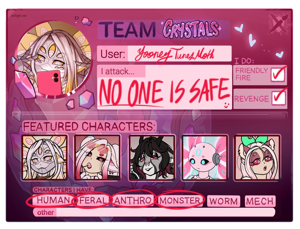 GEHEHEHEHEH FIGHT MEEEEEEEE

pls post your Art Fight cards and links, so i can see and maybe attack &gt;:)
artfight.net/~YooneyTunesMo…