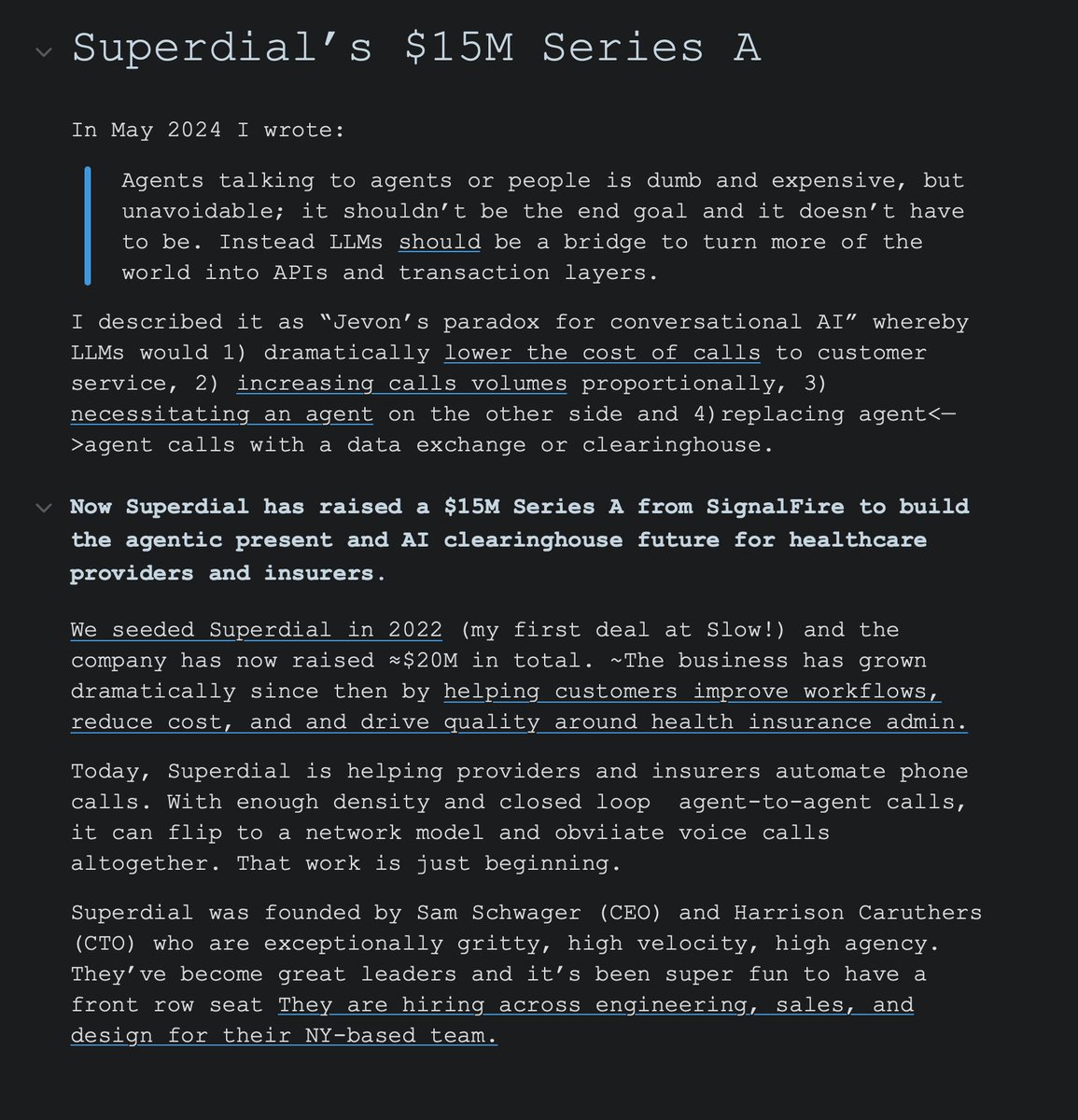 yrechtman's tweet photo. Really excited to triple down on Superdial in their $15 million Series A led by @SignalFire.

Superdial is helping providers and insurers automate phone calls. Eventually it can flip to a network model and obviate voice calls altogether.

That work is just beginning.

Superdial was founded by Sam Schwager and Harrison Caruthers who are exceptionally gritty, high velocity, high agency. They’ve become great leaders and it’s been super fun to have a front row seat.

They are hiring across engineering, sales, and design for their NY-based team.