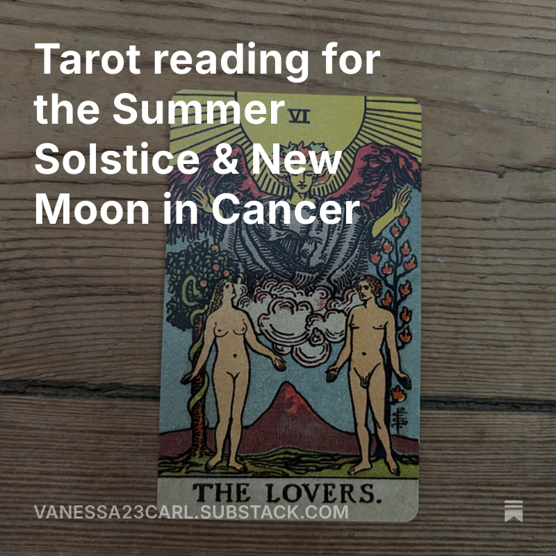 Inspired by our Sentient Solar Cycle meeting last night, I did a tarot reading today for all of us! The New Moon in Cancer is tomorrow so set your intentions. Dream big! Envision a better future.

vanessa23carl.substack.com

patreon.com/c/vanessa23carl