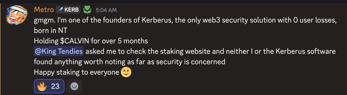 cabalcalvin's tweet image. 🚨 Security Check Passed
Huge thanks to @metrokatz — founder of @Kerberus, the leading Web3 security platform with 0 user losses — for independently reviewing Calvin’s Vault
Kerberus has earned its rep as the best in the game. We’re proud to have their stamp of approval