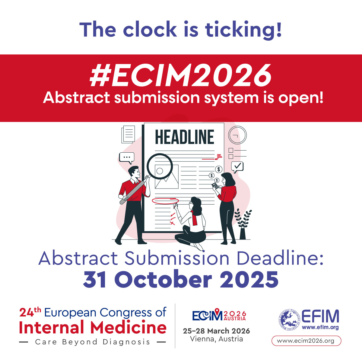 ⏳ Submit your research and be part of #ECIM2026 in Vienna!
🗓 Abstract submissions are open until 31 October 2025.
Don't miss this opportunity to present at Europe’s leading internal medicine congress!
ecim2026.org/abstract-submi…