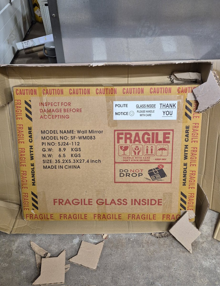 This amused me. The other day <a href="/WayfairUK/">Wayfair.co.uk</a> delivered this mirror in the plain unmarked box (left photo). I opened it to reveal the most cautionary packaging I have ever seen, completely covered by the outer box. 😂😂🙈 (the mirror wasn't broken)