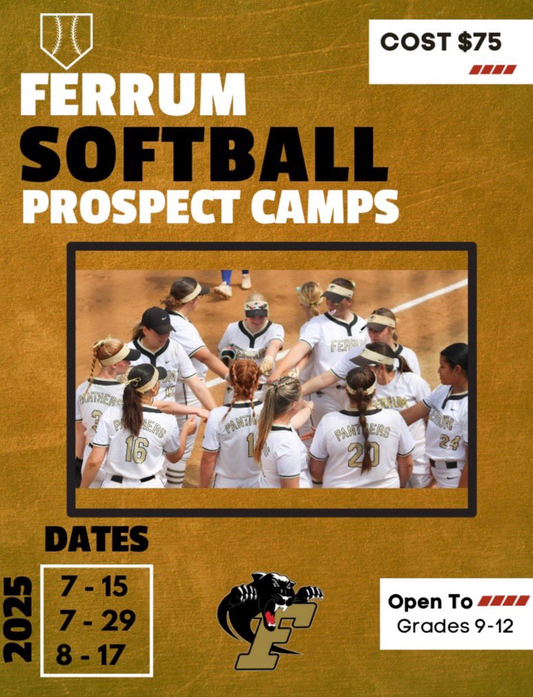 THREE OPPORTUNITIES THIS SUMMER FOR @ferrum_softball PROSPECT CAMPS! All the camps have about 10 spots left!!! 
Tuesday 7.15.25
Tuesday 7.29.25
Saturday 8.17.25
Register Here: Prospect Camp: payit.nelnet.net/form/tOKrVuWg