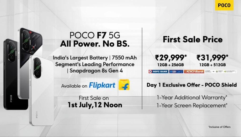 gopinadhachary's tweet image. 🚨 #POCOF75G #AllPower #NoBS
💥 Starting at ₹29,999
🔥 12GB + 256GB – ₹29,999
🔥 12GB + 512GB – ₹31,999
🛒 Sale starts 1st July, 12 Noon
📍 Only on #Flipkart
Day 1 Offer:💳 HDFC | SBI | ICICI Offers+
1-Year Additional Warranty
1-Year Screen Replacement (POCO Shield)@IndiaPOCO