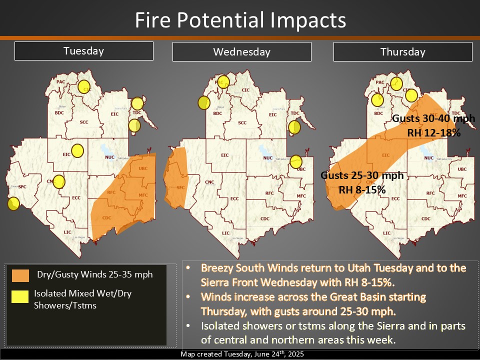 Fire Potential Impact Map for Tuesday-Thursday 06/24/25-06/26/25  #gbcc #greatbasincoordinationcenter
<a href="/GreatBasinCC/">GBCC News and Notes</a>