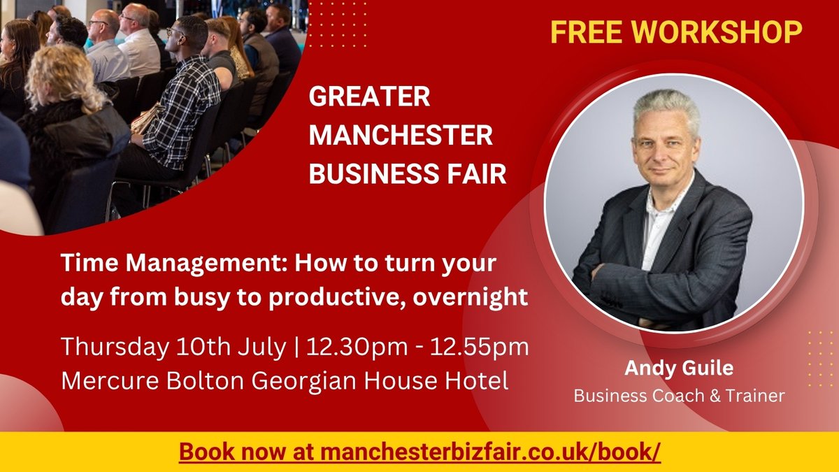 Liverpool BA (@liverpoolba) on Twitter photo Learn how to turn your day from busy to productive, overnight at this free #timemanagement workshop from <a href="/askandyguile/">Andy Guile</a> at #manchesterbizfair this Thursday, 10th July!
Learn more and book at manchesterbizfair.co.uk/workshops/ Learn how to turn your day from busy to productive, overnight at this free #timemanagement workshop from <a href="/askandyguile/">Andy Guile</a> at #manchesterbizfair this Thursday, 10th July!
Learn more and book at manchesterbizfair.co.uk/workshops/