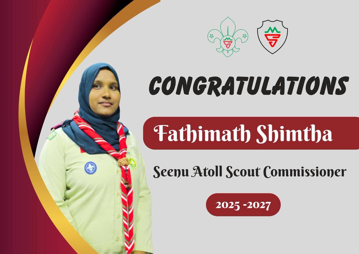Maradhoo School (@maradhooschool) on Twitter photo Congratulations, Miss Shimtha!
We are incredibly proud to celebrate your official appointment as Seenu Atoll Scout Commissioner (2025–2027) by the Maldives Scout Association.
Wishing you great success.
<a href="/MoEdumv/">Ministry of Education</a>
<a href="/ScoutsMaldives/">The Scout Association of Maldives</a>
#maradhooschool
#SchoolofExcellence.
#AdduCity Congratulations, Miss Shimtha!
We are incredibly proud to celebrate your official appointment as Seenu Atoll Scout Commissioner (2025–2027) by the Maldives Scout Association.
Wishing you great success.
<a href="/MoEdumv/">Ministry of Education</a>
<a href="/ScoutsMaldives/">The Scout Association of Maldives</a>
#maradhooschool
#SchoolofExcellence.
#AdduCity