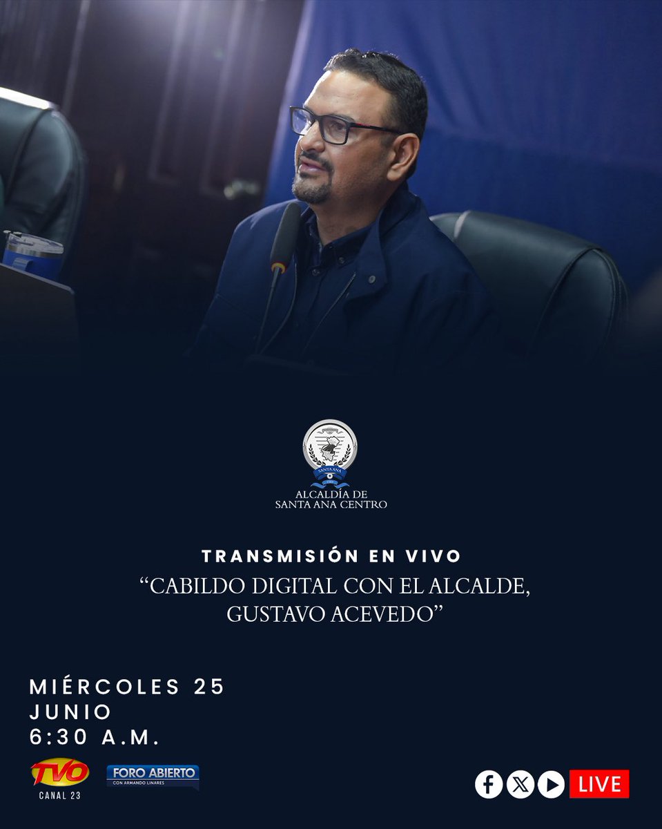 Santanecos, mañana los invito a sintonizar el programa “Cabildo Digital”. 🎥📲

Transmisión #EnVivo por: Foro Abierto  y Canal 23 Tvo.

🗓️Miércoles 25 de junio
⏰6:30 a.m

¡Un espacio hecho para ustedes! 🗣️🆗

#GustavoAcevedo #SantaAnaCentro