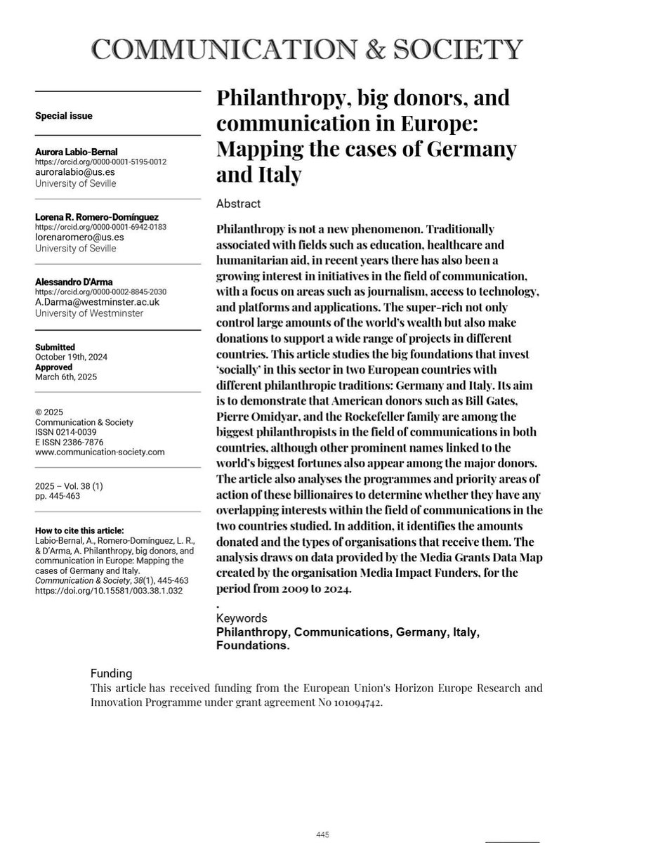 JournalCommSoc's tweet image. 📄“Philanthropy, big donors, and communication in Europe: Mapping the cases of Germany and Italy” by @LabioBernal, @LRomeroDguez, @aledar75
doi.org/10.15581/003.3…
#OpenAccess #Communication #Academic #Ownership #Philanthropy #Digital