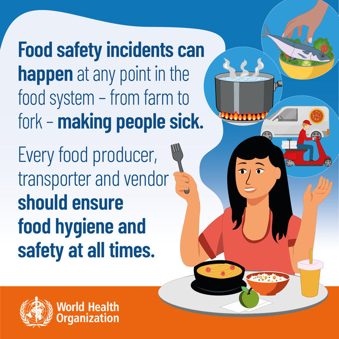 FAOWHOCodex's tweet photo. 📝 | #FoodSafety incidents can happen at any point in the food system - from farm to fork - making people sick.

👉Every food producer, transporter and vendor should ensure food hygiene and safety at all times. https://t.co/jv5ds7SWuT