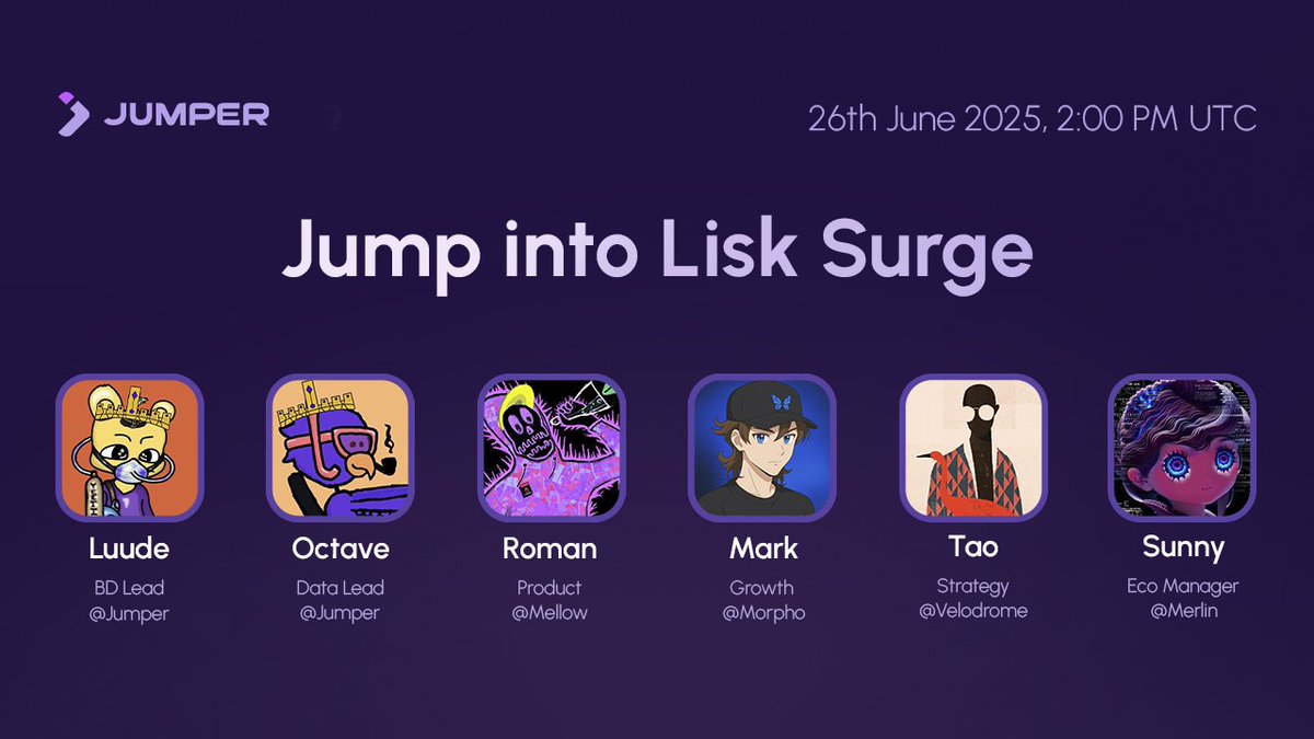 JumperExchange's tweet image. Jump into Lisk Surge 🎙️

Join us on Thursday as we jump into Epoch 3 of @LiskHQ Surge with @VelodromeFi, @mellowprotocol &amp;amp; @MorphoLabs to dive into the new pools and opportunities 👀

📅 26 June 2025
⏰ 2PM UTC 
🔗 x.com/i/spaces/1gqGv…