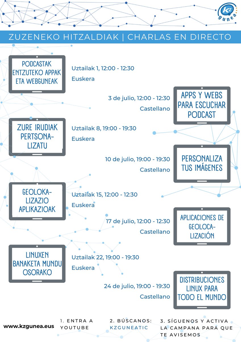 Uztaileko KZguneko zuzeneko hitzaldiak      

Jarraitu etxetik trebatzen gure Youtube KZguneaTIC kanaleko hitzaldiekin.      

Ez duzu aldez aurretik izena eman beharrik,     

Interneterako konexioa baino ez.      

bit.ly/3OLFMdw