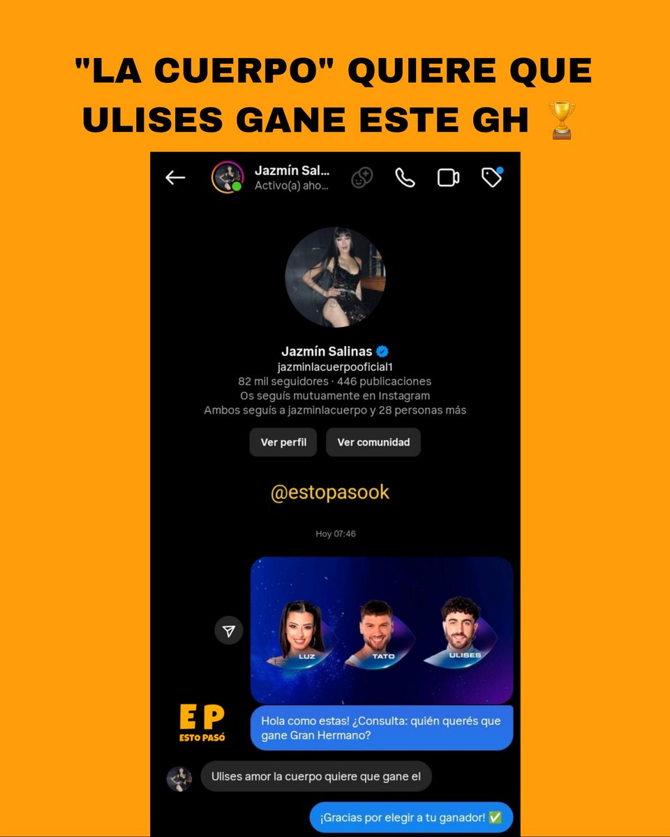 chimentazos's tweet photo. "La Cuerpo" quiere que Ulises sea el ganador de este Gran Hermano 🏆
#granhermano #ulisesapostolo #marixaballi #ulisesgh #lam https://t.co/Gs9tc09cma