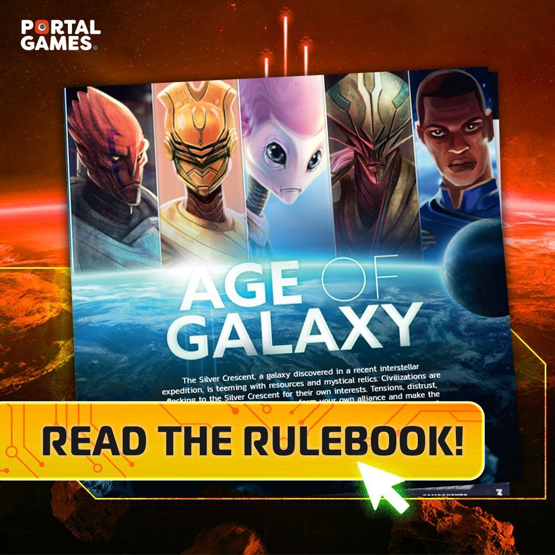 We published the rulebook for Age of Galaxy. It's a new science fiction card game with the 4x vibe, tech tree, and 40 unique alien factions. Check out the description and the rulebook at the Portal Games website at ➡️  shopportalgames.com/products/age-o…
