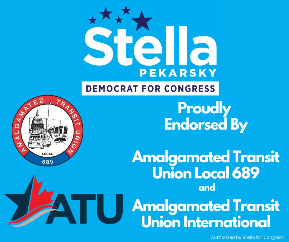 Stella Pekarsky (@sgpekarsky) on Twitter photo I am proud to have earned the endorsement of <a href="/ATULocal689/">ATU Local 689</a> and <a href="/ATUComm/">ATU, Transit Union</a>. Our transit workers are the driving force that move our region. In Congress, standing up for the rights of our workers will continue to be one of my top priorities. I am proud to have earned the endorsement of <a href="/ATULocal689/">ATU Local 689</a> and <a href="/ATUComm/">ATU, Transit Union</a>. Our transit workers are the driving force that move our region. In Congress, standing up for the rights of our workers will continue to be one of my top priorities.