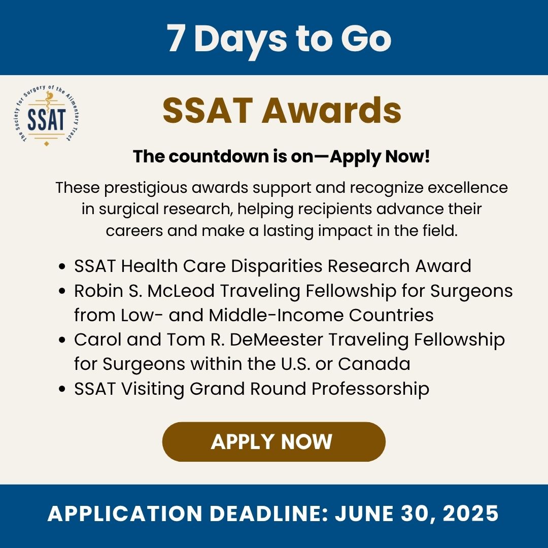 ⏳ 7 days to go! Don’t miss your chance to apply for these prestigious SSAT Awards and Fellowships, closing June 30, 2025
Apply Now – ow.ly/OtU450Wcwfr
Advance your career and make an impact!

#SSATAwards #SurgicalFellowships