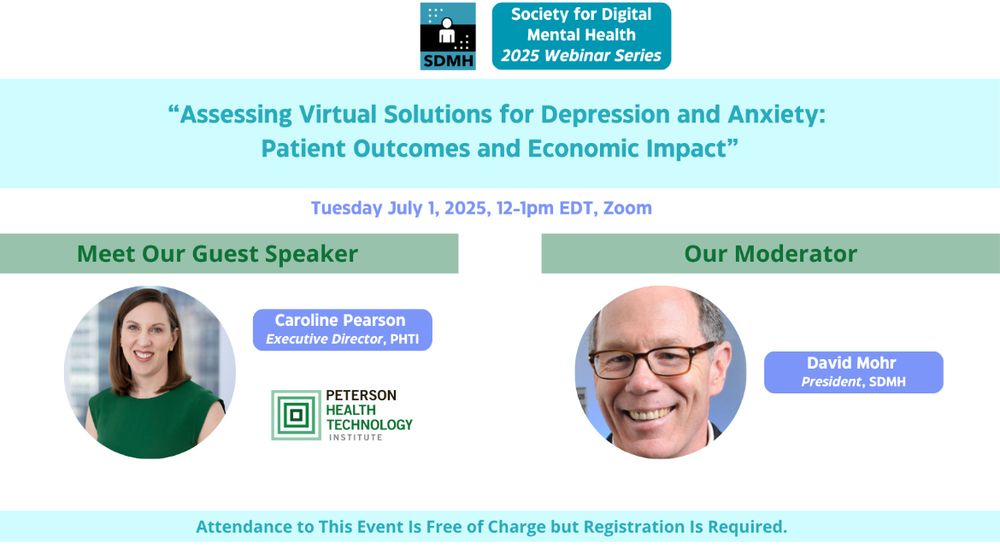 cbitshealth's tweet image. Don't miss SDMH's webinar next Tuesday! 🗓️
CBITs Director, David Mohr, PhD, and Caroline Pearson, Executive Director of Peterson Health Technology Institute, will share report findings on digital tools for depression and anxiety
🔗Register now for FREE: tinyurl.com/y2u9jc23