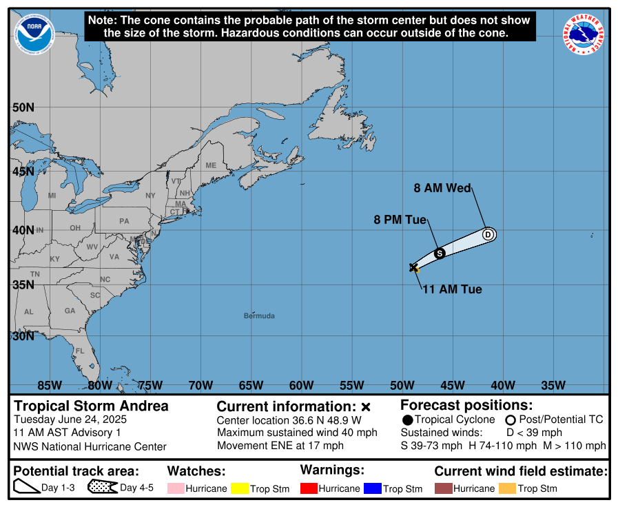 TropicalTidbits's tweet image. Tropical Storm #Andrea has formed, the first of the Atlantic season. The National Hurricane Center determined that the area of low pressure in the northern Atlantic became organized enough to be briefly classified as a tropical storm. However, Andrea is already moving into cold…