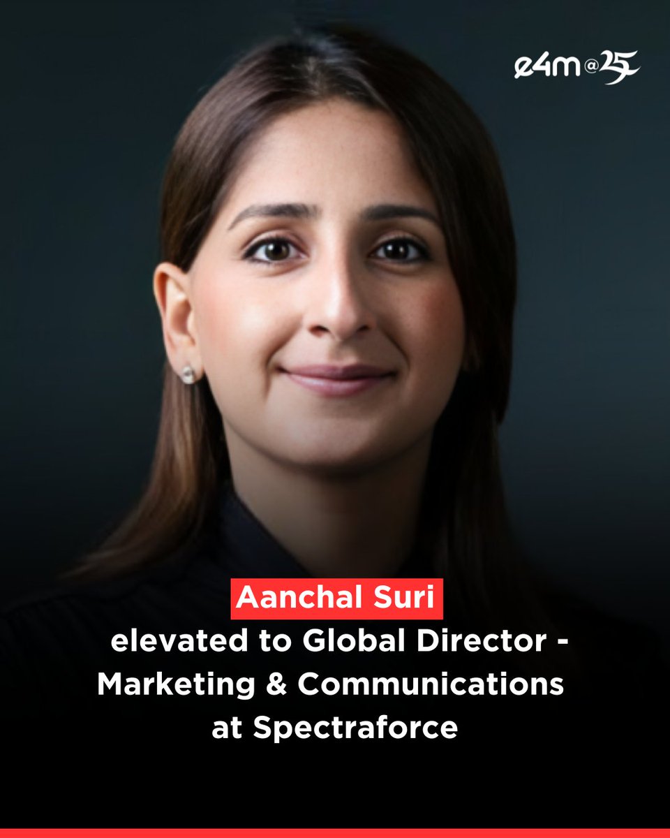 e4mtweets's tweet photo. Aanchal Suri elevated to Global Director - Marketing & Communications at Spectraforce.
She held the role of Senior Manager, Marketing at the company.
Read the full story - https://t.co/UhbfYvM3hp
#e4m #AanchalSuri #Spectraforce #GlobalMarketing #MarCommsLead #WomenInLeadership
Follow e4m's WhatsApp channel for the latest updates: https://t.co/Vm83yvayZz