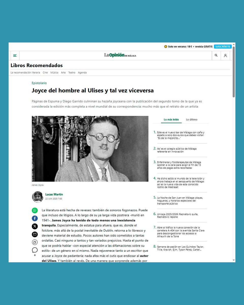paginasdeespuma's tweet photo. @opiniondemalaga ha publicado el domingo este artículo muy elogioso de las Cartas de James Joyce, editadas y traducidas por @DiegoGarrido_ 
Aquí lo podéis encontrar completo⬇️
🔗https://t.co/ftpqNU7dZN
🛒https://t.co/qdUsc6AigK https://t.co/TcVoWxueSg