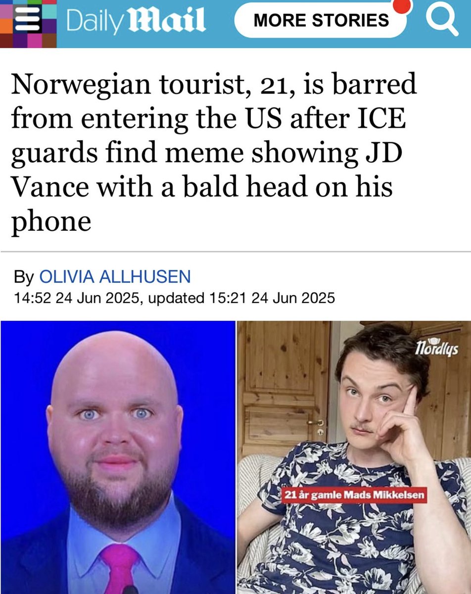 🇺🇸 Aux États-Unis, se moquer du Vice Président sur les réseaux sociaux peut vous envoyer en garde à vue si vous êtes un touriste. 

Je ne veux plus JAMAIS entendre que c'est l'Union Européenne qui a un problème avec la liberté d'expression. Voyagez et dépensez en Europe ! 🇪🇺