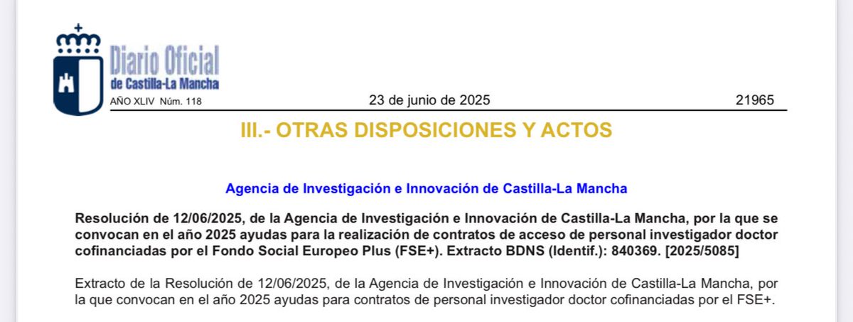 Desde hoy se pueden solicitar las ayudas para la contratación de personal investigador doctor, cofinanciadas por el FSE+

📅 Plazo abierto hasta el 21 de julio

📍 Dirigidas a universidades, centros tecnológicos y entidades públicas de investigación de #CLM