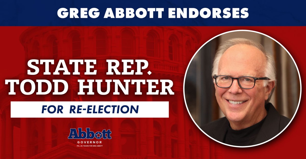 AbbottCampaign's tweet image. 🚨NEWS: Governor @GregAbbott_TX endorsed Rep. @toddahunter for re-election to HD 32!
"Todd is a proven champion for border security, property tax relief, and strengthening the Coastal Bend. Texas is stronger because of his leadership." -Governor Abbott