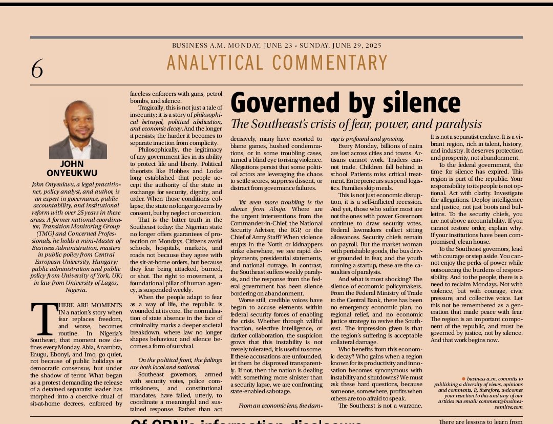 johnonyeukwu's tweet image. 5/
🧭 We must end this abnormality.
Fear must not be the strongest force in a democracy.

Read the full piece here 👉 (screenshot)
#GovernedBySilence #SoutheastNigeria #PolicyAndReform #SecurityCrisis
