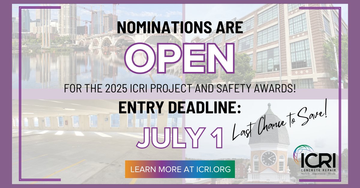 📢 The deadline to get your submissions in for the 2025 ICRI Project Awards is in ONE WEEK! 📢

This is an excellent opportunity to showcase a project your team has worked hard on. 

All submissions are due by JULY 1.
icri.org/our-awards/icr…

#ICRI #concrete #concreterepair