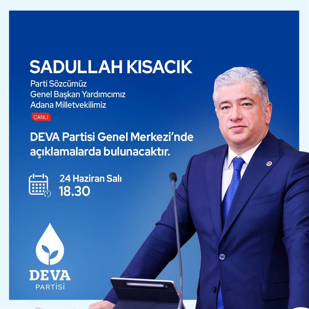 DEVA Partisi (@devapartisi) on Twitter photo Parti Sözcümüz ve Adana Milletvekilimiz <a href="/sadullahkisacik/">Sadullah Kısacık</a>, bugün saat 18.30’da DEVA Partisi Genel Merkezinde açıklamalarda bulunacaktır. Parti Sözcümüz ve Adana Milletvekilimiz <a href="/sadullahkisacik/">Sadullah Kısacık</a>, bugün saat 18.30’da DEVA Partisi Genel Merkezinde açıklamalarda bulunacaktır.