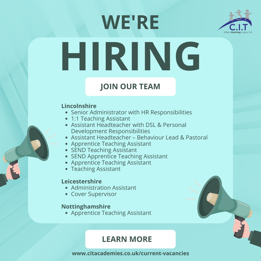 Join our team today! Visit citacademies.co.uk for more information

#edutwitter #edujobs #education #jobs #vacancies #leicestershire #lincolnshire #nottinghamshire