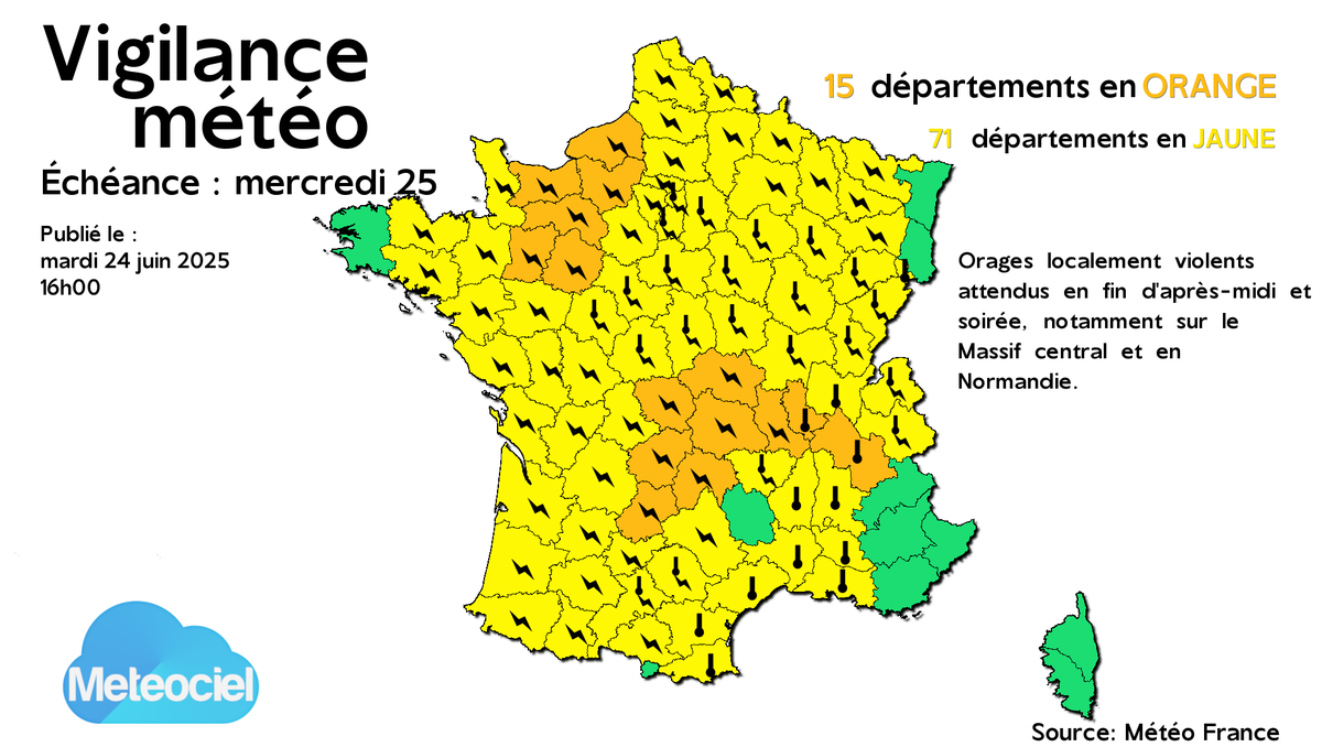 meteociel's tweet image. Une #VigilanceOrange est mise en place pour mercredi après-midi et soirée sur le #MassifCentral et la #Normandie pour des #orages localement violents avec un risque de grosse #grêle, de #rafales pouvant atteindre les 100km/h et de fortes intensités #pluvieuses.