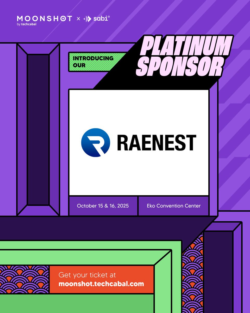 We are thrilled to have <a href="/RaenestHQ/">Raenest</a> as a Platinum Sponsor for #Moonshot2025! 🚀

Raenest simplifies global banking for Africans with multi-currency accounts &amp; virtual dollar cards 

🎟️ Early bird tickets 20% off here: tix.africa/discover/bo/mo…