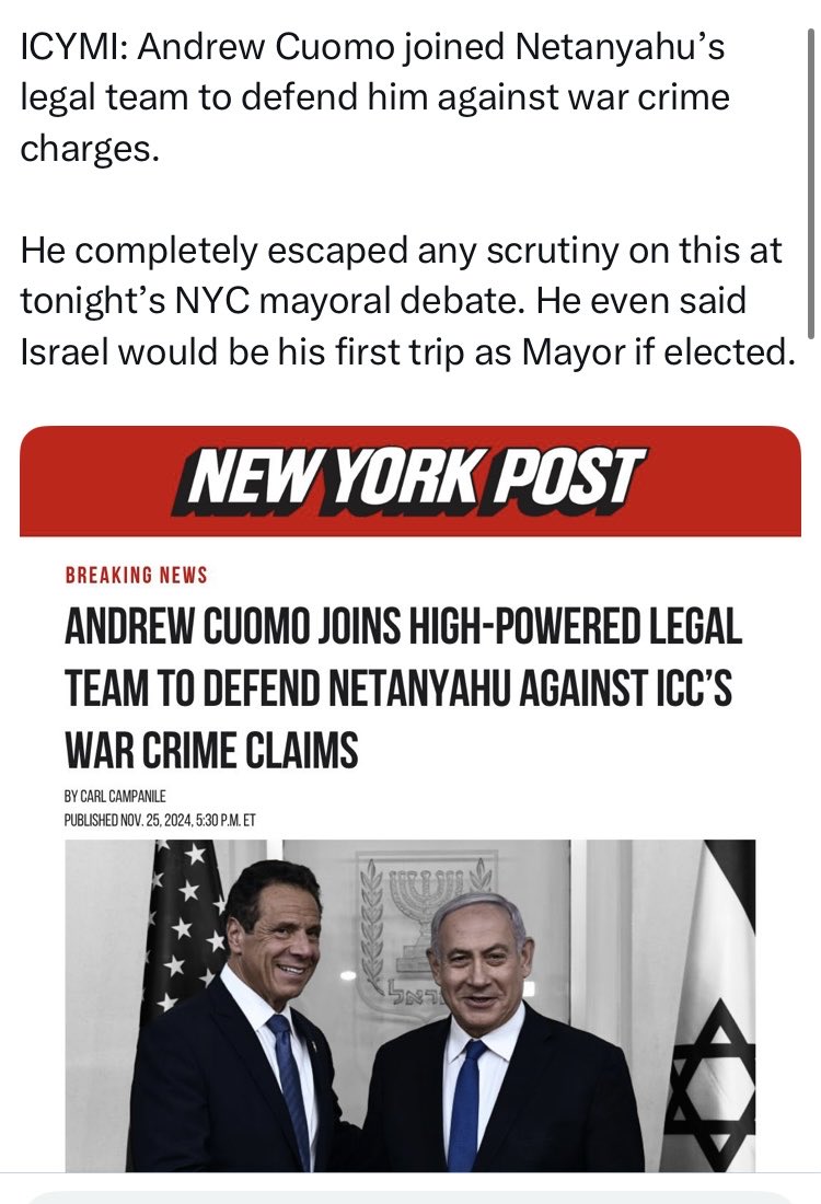 WTF! Don’t vote for Andrew Cuomo! Andrew Cuomo is one of Netanyahu’s lawyers against the ICC!