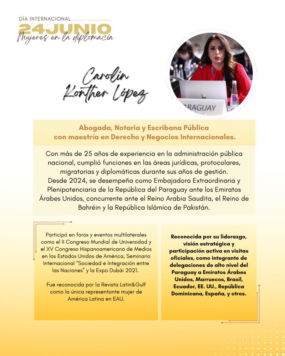 24 de junio – Día Internacional de las Mujeres en la Diplomacia 👩🏻‍💼✨🌎

Perfil de la Embajadora Carolin Konther López, representante del Paraguay ante los Emiratos Árabes Unidos 🇦🇪 <a href="/carolinkonther/">Carolin Konther Lopez</a>