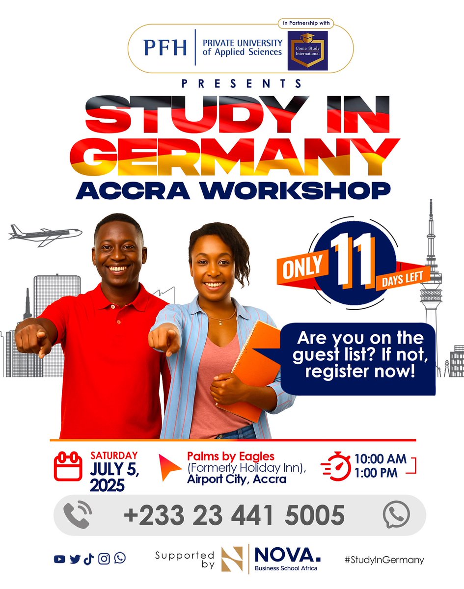 Comestudyint's tweet image. 11 Days to Go!
Are you on the guest list?
🎯 150 seats only, Register and Grab your seat NOW
🔗 Register using this link 👉🏽 bit.ly/4ejjkTQ

#GermanyWorkshop #AccraEvents #StudyGoals