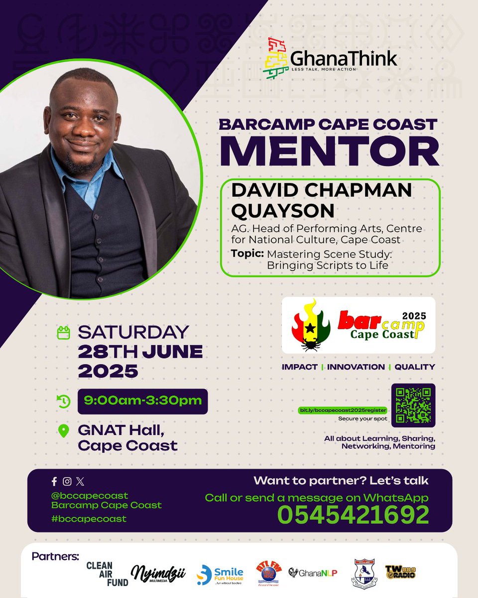 #Barcamp #CapeCoast (@bccapecoast) on Twitter photo Join #BarcampCapeCoast on Saturday, June 28 @ #GNATHall, near #CCTU: #learning, #sharing, #networking & #mentoring.
Register: bit.ly/bccapecoast202ā¦
#bccapecoast mentor: David Chapman Quayson | Ag Head of #PerformingArts, CNC, #CapeCoast |
Mastering #SceneStudy cc <a href="/cctu_gh/">CAPE COAST TECHNICAL UNIVERSITY.</a> Join #BarcampCapeCoast on Saturday, June 28 @ #GNATHall, near #CCTU: #learning, #sharing, #networking & #mentoring.
Register: bit.ly/bccapecoast202ā¦
#bccapecoast mentor: David Chapman Quayson | Ag Head of #PerformingArts, CNC, #CapeCoast |
Mastering #SceneStudy cc <a href="/cctu_gh/">CAPE COAST TECHNICAL UNIVERSITY.</a>